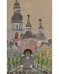 Nikifor Krynicki, Autoportret na tle kościoła, koniec lat 50. XX w. - pic 1