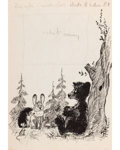Mirosław Pokora, "Zwierzęta i niedźwiedź", ilustracja książkowa, lata 60. XX w. - pic 1