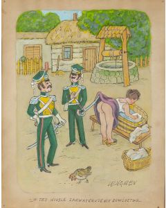 Zbigniew Lengren, "...W tej wiosce zakwaterujemy dowództwo...", ilustracja satyryczna, 2 poł. XX w. - pic 1