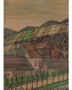 Nikifor Krynicki, Pejzaż z architekturą drewnianą, lata 40. XX w. - pic 1