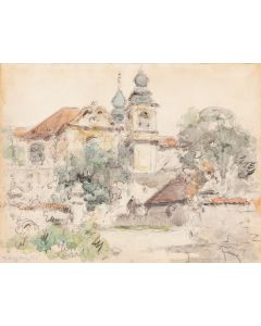Tadeusz Cieślewski (ojciec), Pejzaż z ogrodem klasztornym, 1 poł. XX w. - pic 1