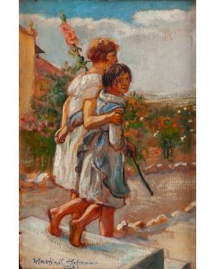 Wlastimil Hofman, Para dziewczynek z kwiatem malwy ("W ogrodzie"), 1926 - pic 1
